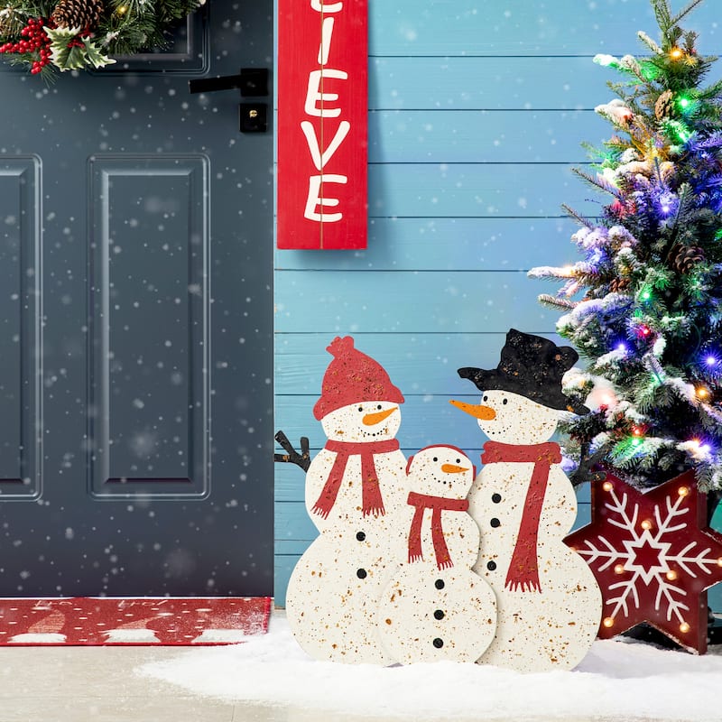 Glitzhome Rusty Metal Snowman Family Yard Stake or Standing Decor or Wall Decor - 30"H