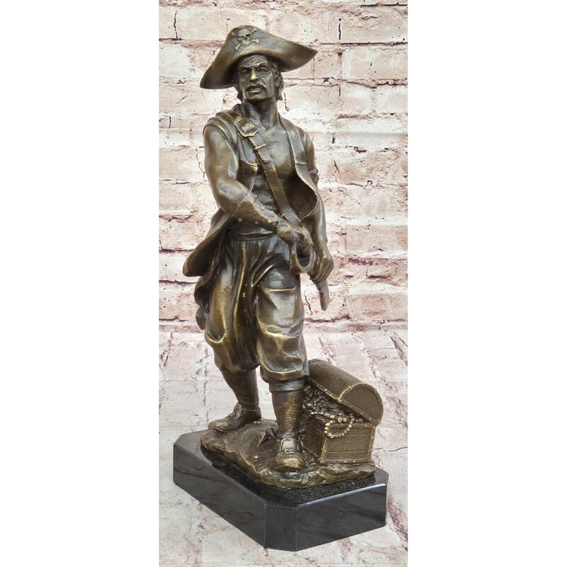 Swashbuckler Pirate Bronze Figure Statue Sculpture W/ Treasure Chest 13 Inches X 6 Inches