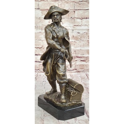 Swashbuckler Pirate Bronze Figure Statue Sculpture W/ Treasure Chest 13 Inches X 6 Inches