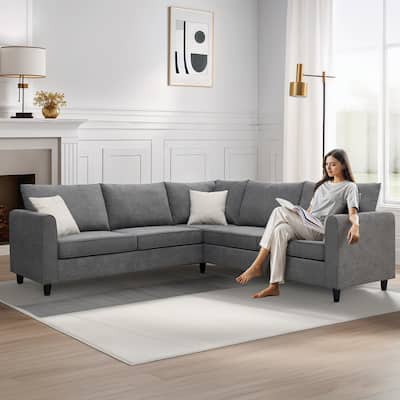 91*91" Modern Grey Fabric L-Shaped Sectional Sofa with 3 Pillows