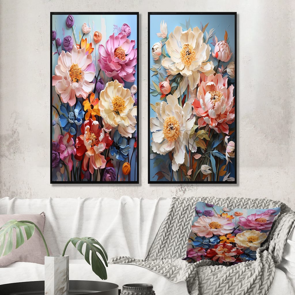 Designart "Colorful Peonies In Full Bloom" Peonies Framed Art Set Of 2 - Traditional multicolor Wall Decor Set 2 Pieces