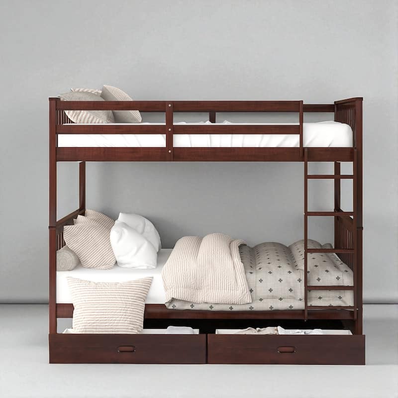 Full Over Full Bunk Bed with Ladder and 2 Storage Drawers, Convertible Wood Frame for Kids or Teens