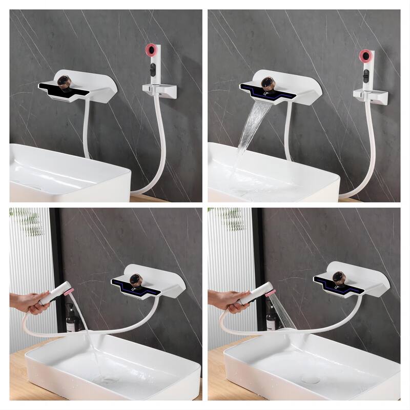 3-Way Digital Waterfall Bathroom Sink Faucet with Side Spray in Grey/White