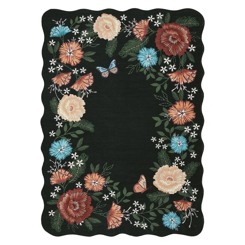 Area Rugs for Living Room Bedroom Washable Modern Floral Rug Scalloped Non-Slip Low Pile Carpet