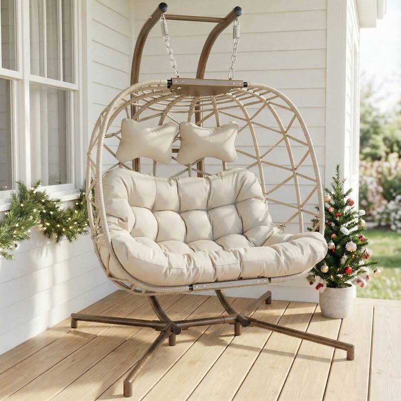 Oversized Outdoor Double Hanging Egg Chair with Cushions, 700 lbs Capacity Swing Chair for Indoor or Patio - Beige