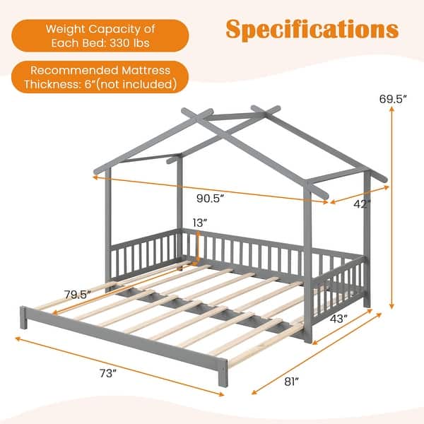 dimension image slide 0 of 4, Gymax Wooden House Bed Twin to King Daybed w/ Safety Rails & Decorable