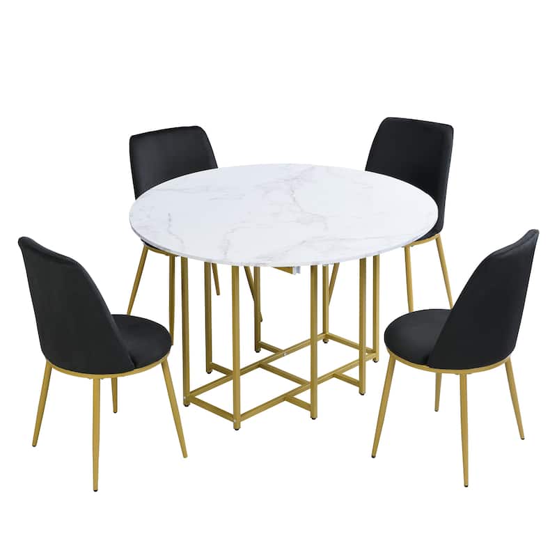 Roomfitters Space-Saving 5-Piece Extendable Dining Table Set with Round Faux Marble Top, 4 Upholstered Chairs
