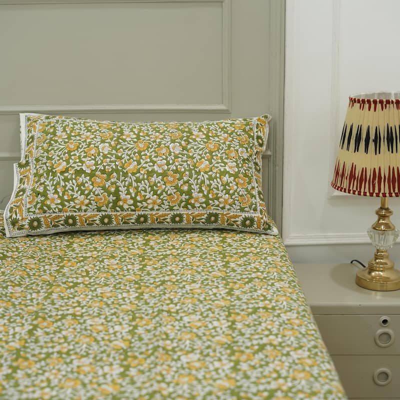 Fabdivine Cotton Hand Block Floral Flat Sheet Bed Room Home Décor Accent Gift - Saundrya- Green, Yellow - Twin