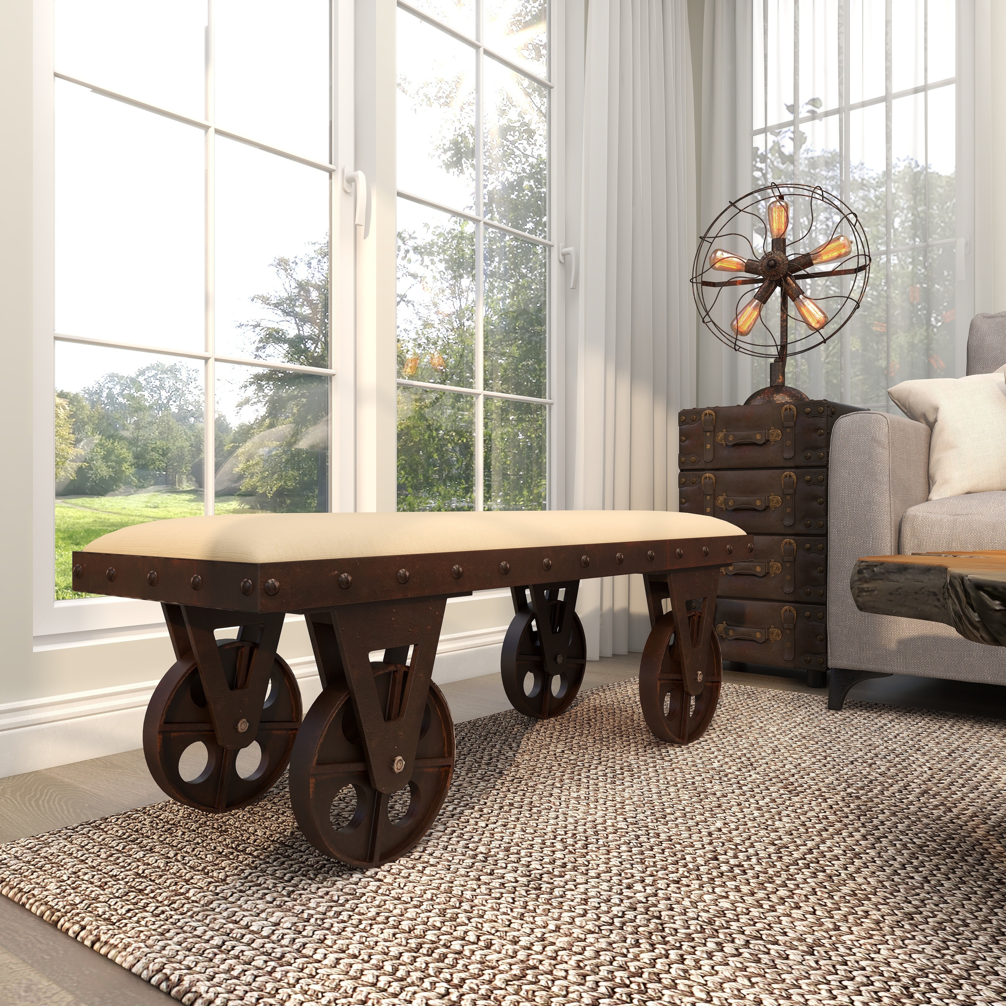 Brown Wooden Vintage Industrial Inspired Bench with Wheels and Linen  Upholstered Seat - Bed Bath \u0026 Beyond - 12047193, image size:3500x3500