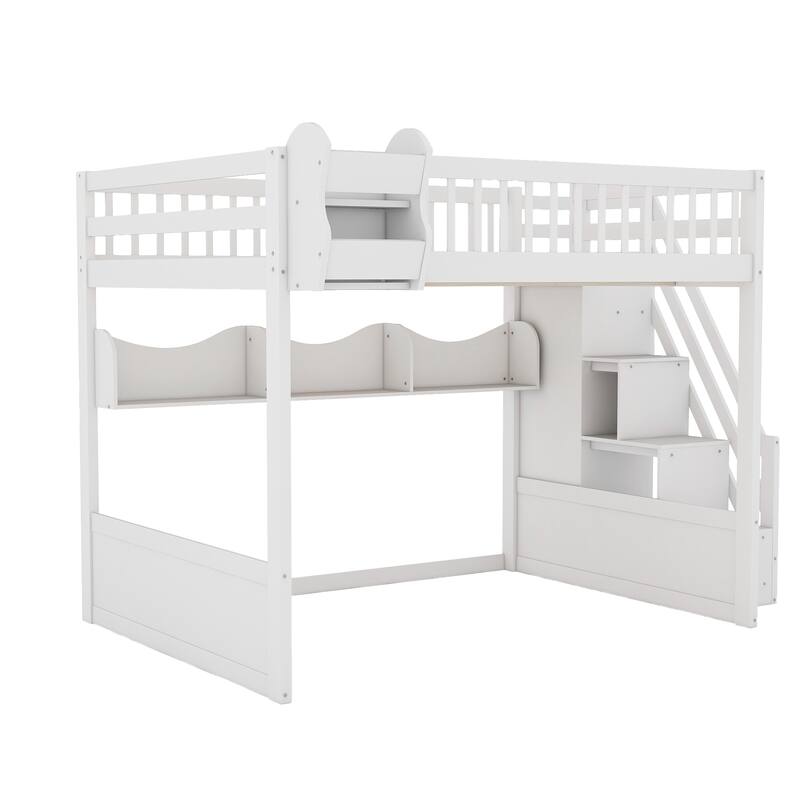 Queen Wooden Loft Bed with Storage Staircase Wardrobe, 2 Side Shelves, 3 Storage Shelves and Versatile Under-Bed Space