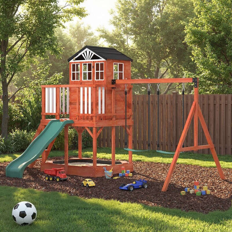 Kids Outdoor Wooden Swing Set, Backyard Play Set with Elevated