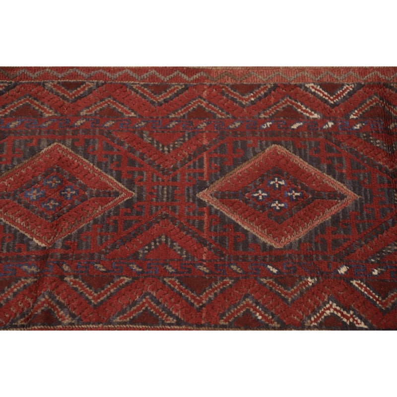 Hand Knotted Oriental 100% Wool Carpet Traditional Tribal Red Balouch Runner Rug - 8' 1'' X 2' 1''