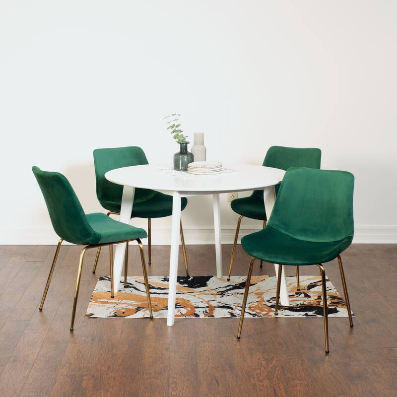 Modern Style Dining Set with Round Table and Velvet Upholstered Chairs - 5-Piece Sets - White+Green
