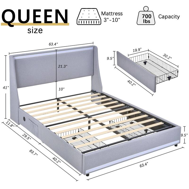 VECELO Upholstered LED Bed Frame with Wingback Headboard & 2 Storage Drawer Linen Fabric Full/Queen Size Storage Bed Frames