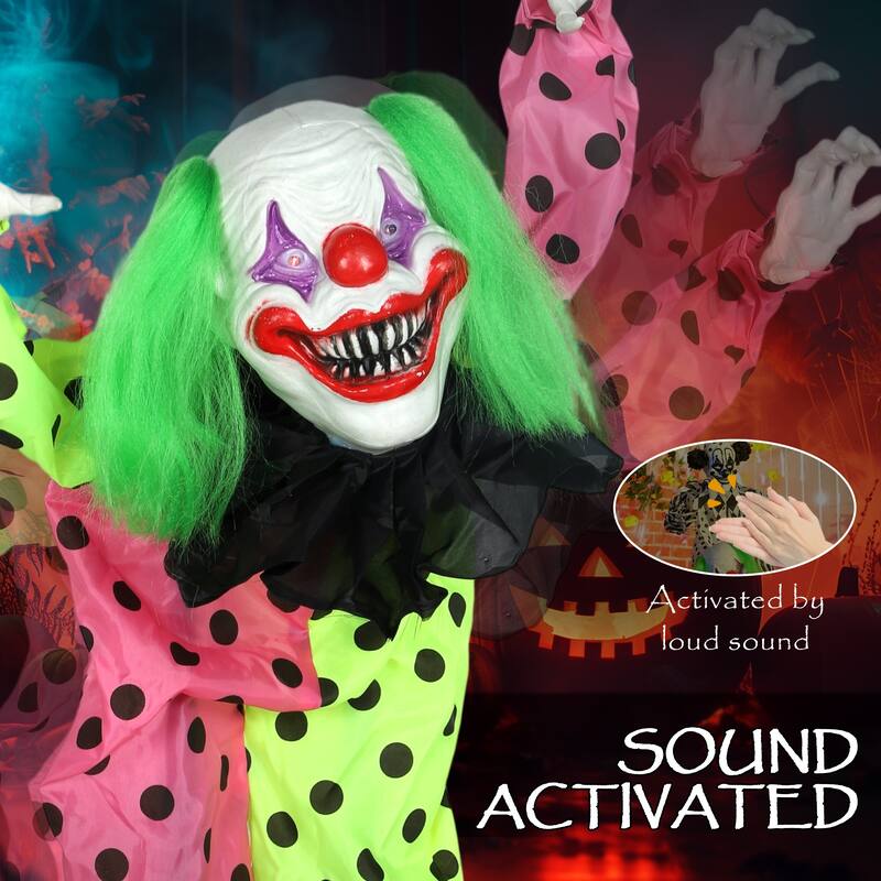 Outsunny Life Size Stackable Halloween Animatronics Clown with Red Light Up Eyes, Sound Activated Scary Clown Decorations