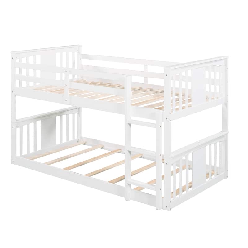 Twin Over Twin Wood Bunk Bed with Ladder, Solid Wood Bedroom Bedframe, Low Bunkbeds for Kids Teens Girls Boys, Noise-Free