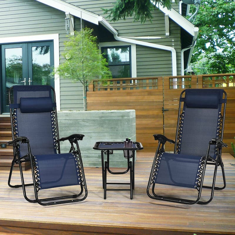 Gymax 3PCS Zero Gravity Recliner Lounge Chairs Pillows Table Portable - See details - Blue - See details