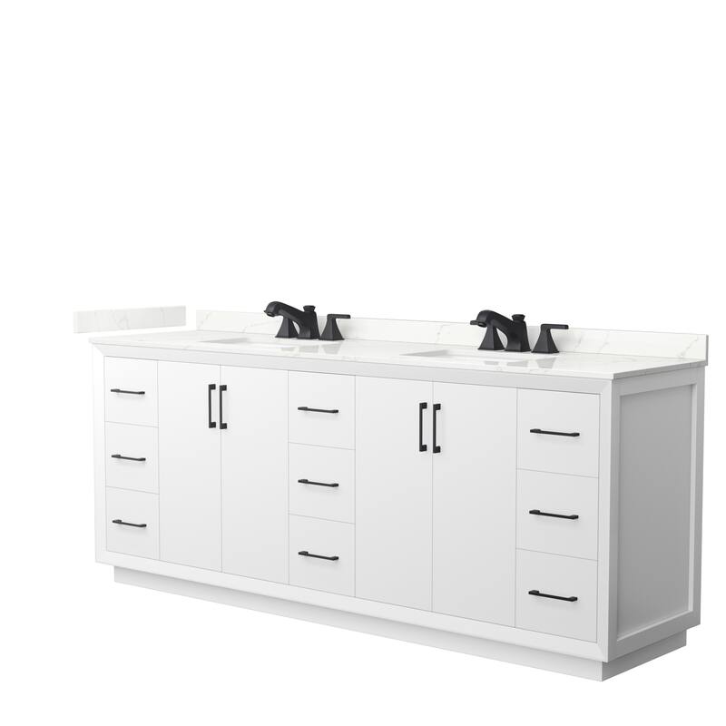 Strada 84-inch Double Vanity, Quartz Top - White, Black Trim, Giotto Quartz Top