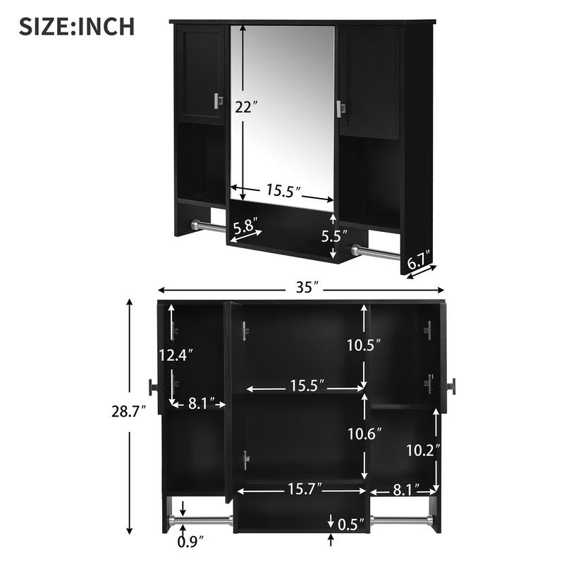 Over the Toilet Medicine Cabinet Wall Cabinet for Bathroom with Mirrored Cabinet, Side Cabinets, Open Shelves and Towel Racks