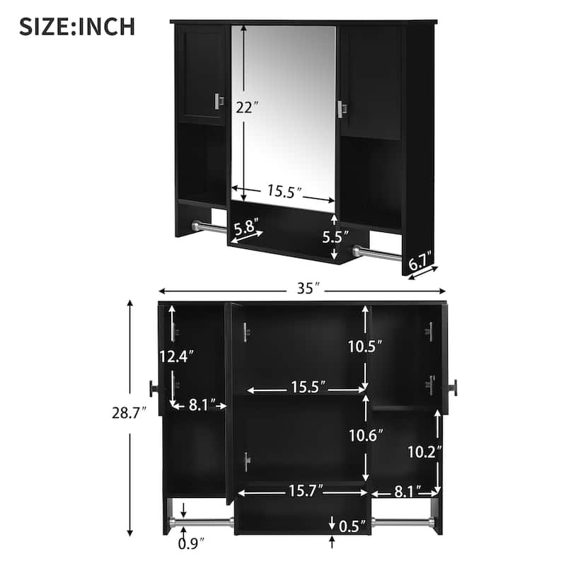 Roomfitters 35"x28" Wall Mounted Mirror Cabinet, Bathroom Storage with Towel Bar, Modern Medicine Cabinet for Wall Use, Black