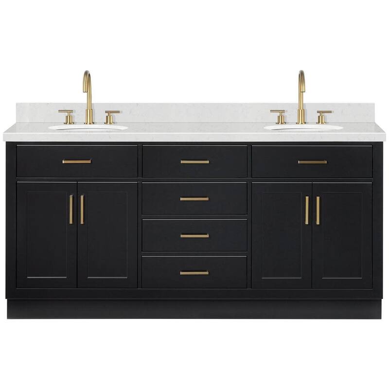 Ariel T072DCQOVO Hepburn 72" Free Standing Double Oval Basin Vanity - Black / Carrara White Quartz / Satin Brass