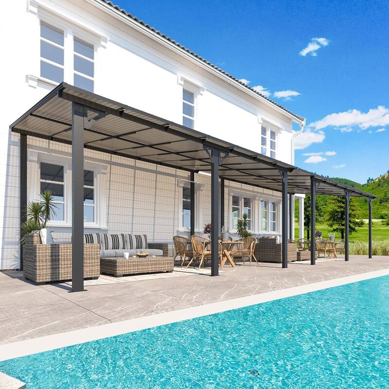 AECOJOY Wall Mounted Gazebos Pergola Gazebo Awnings for Backyard - 28' × 10' - Dark Grey