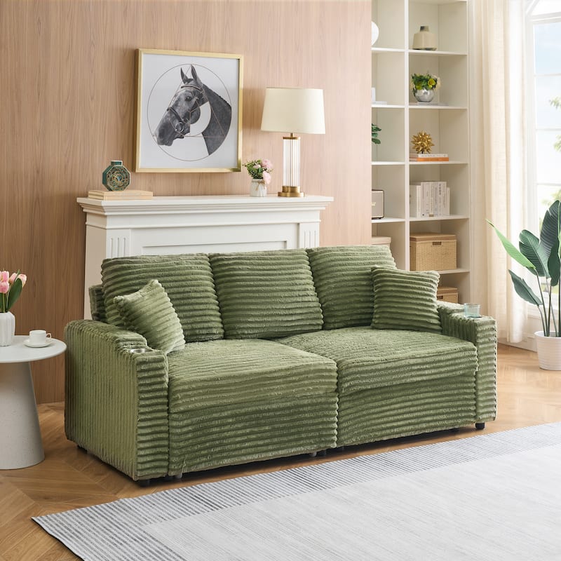 80-inch Green Corduroy Two-in-one Folding Sofa with Cup Holder and Pillow