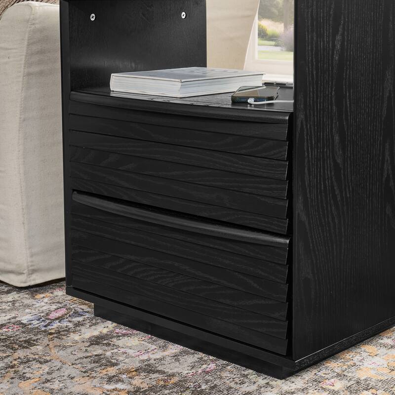Anmytek Black 2 Drawer Side Table with Power Strip Charging Nightstand for Bedroom and Living Room