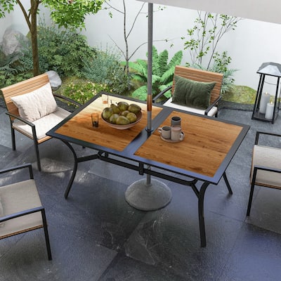 Outsunny Rectangle Outdoor Dining Table for 6 People, Faux Wood Rectangular Patio Table with Umbrella Hole, Steel Frame