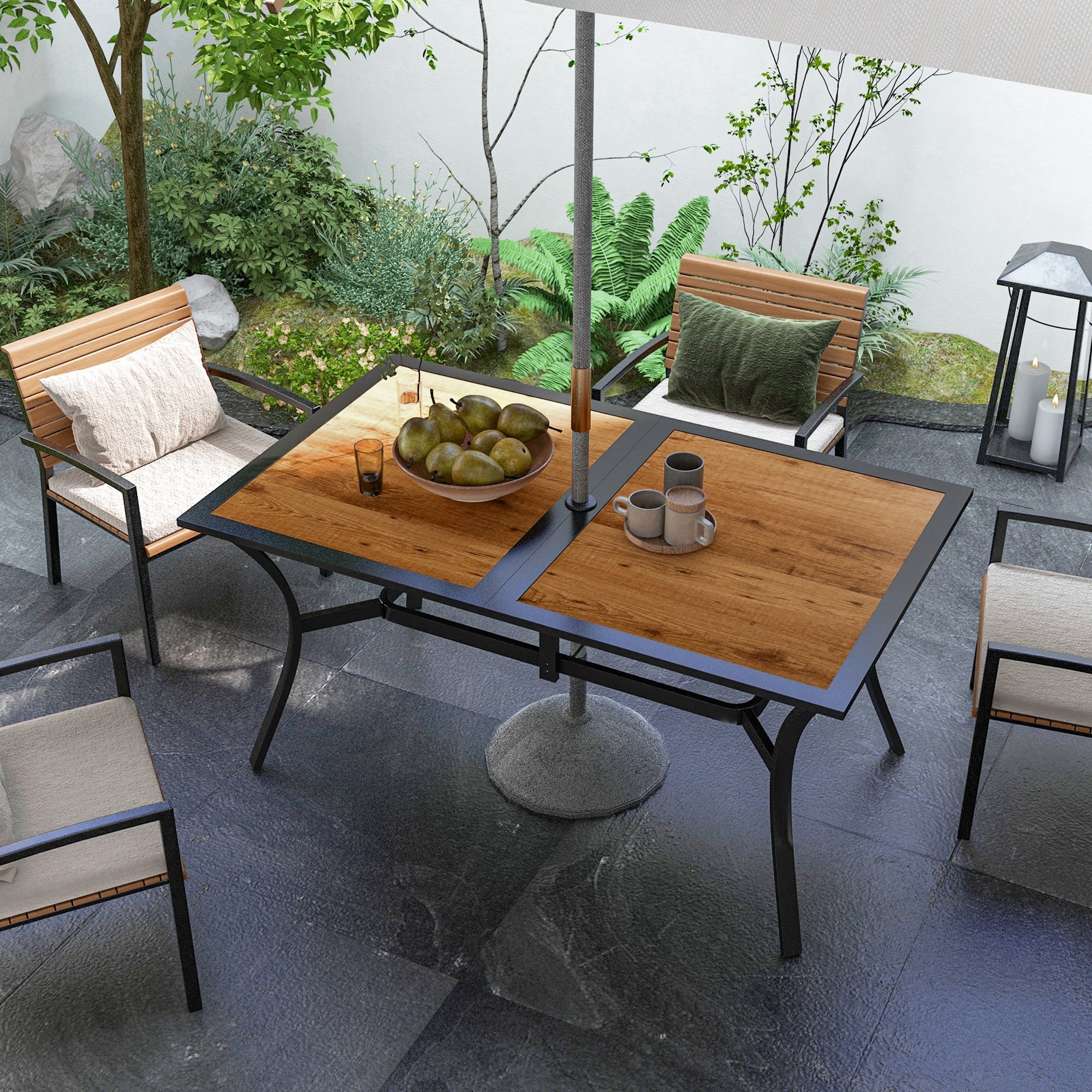 Outsunny Rectangle Outdoor Dining Table for 6 People, Faux Wood Rectangular Patio Table with Umbrella Hole, Steel Frame