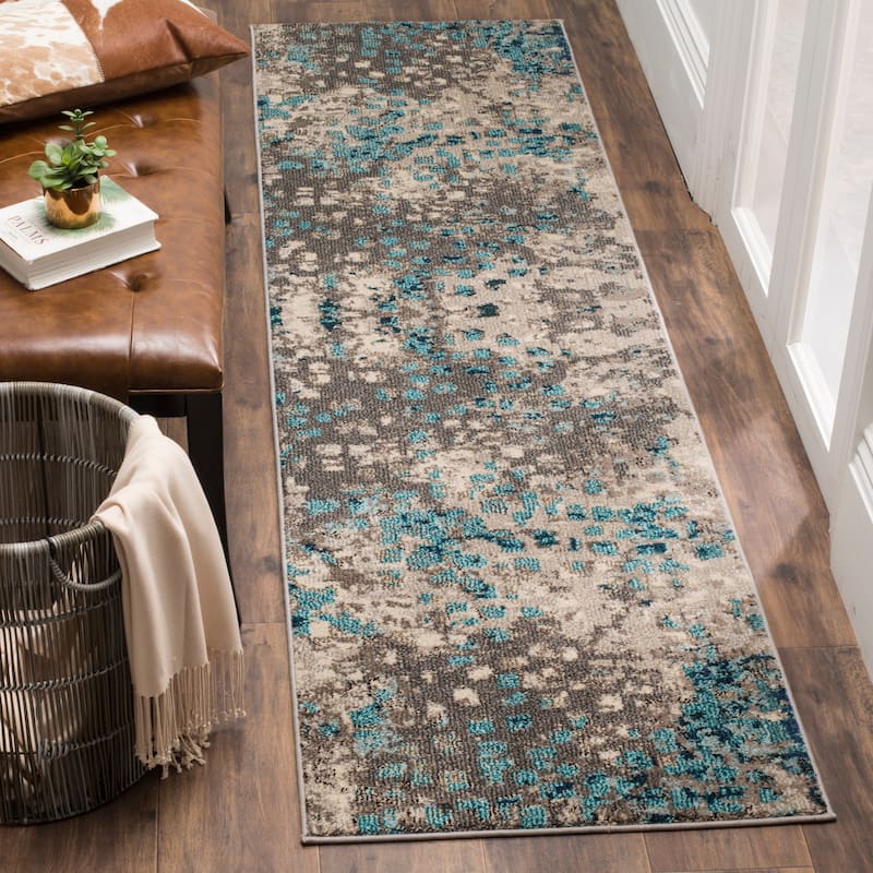 SAFAVIEH Monaco Panna Boho Abstract Modern Watercolor Area Rug - 2'2" x 12' Runner - Grey/Light Blue