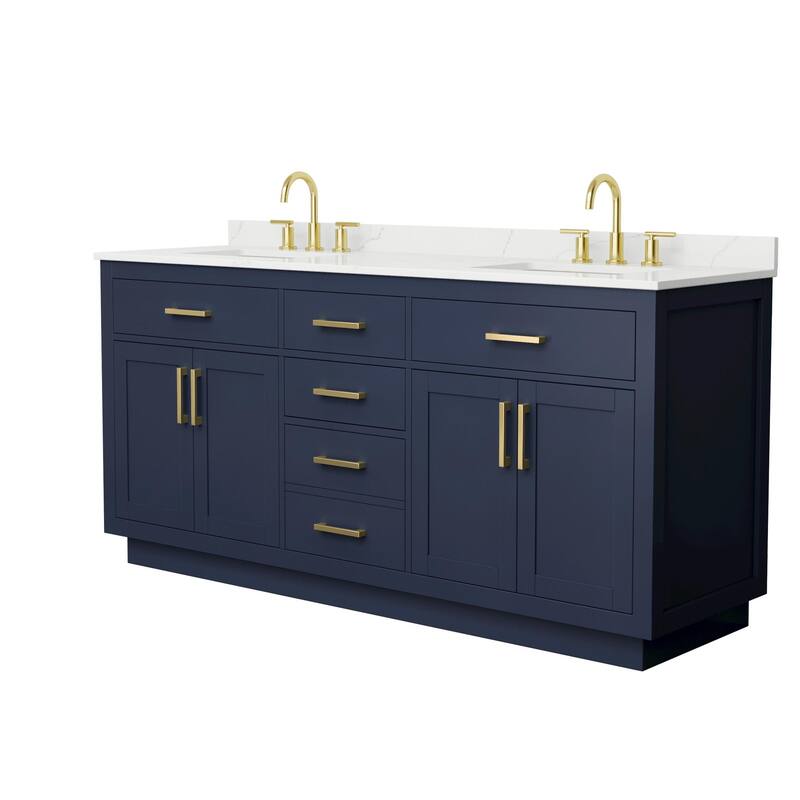 Beckett TK 72-inch Double Vanity, 3 Hole Quartz Top - Dark Blue, Gold Trim, Giotto Quartz Top