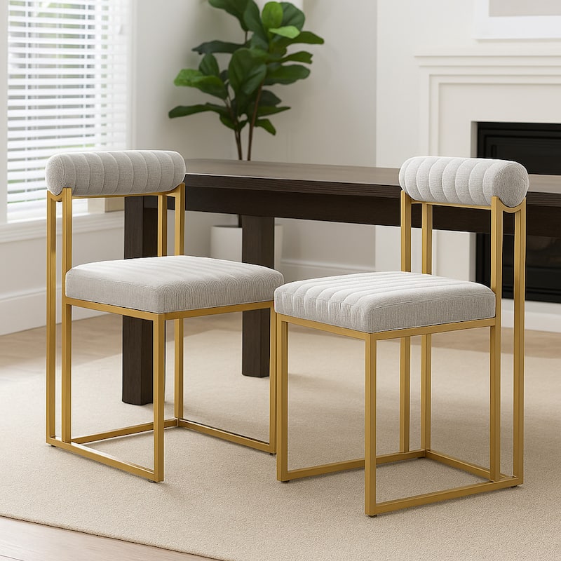 Tasie Dining Chair Set of 2, Gold Brushed Steel, Taupe Polyester