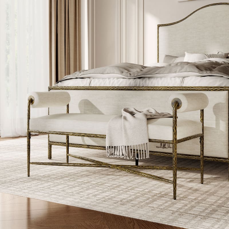 247 Shop At Home Lalia Modern Upholstered 48-inch Hammered Metal Accent Bench with Roll Arms - Matte Gold