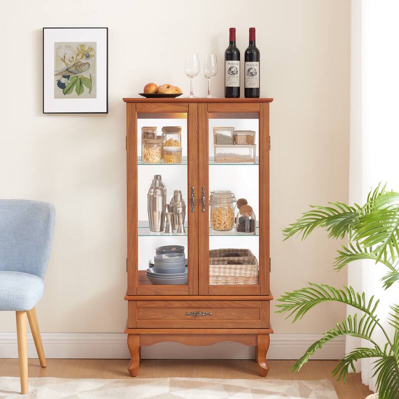 Lighted Glass Display Cabinet Glass Wine Cabinet Curio Display Cabinet with Adjustable Glass Shelves Two Doors