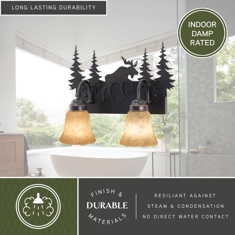 Yellowstone 2 Light Bronze Rustic Moose Bathroom Vanity Fixture - 16.75-in W x 13.75-in H x 7.75-in D
