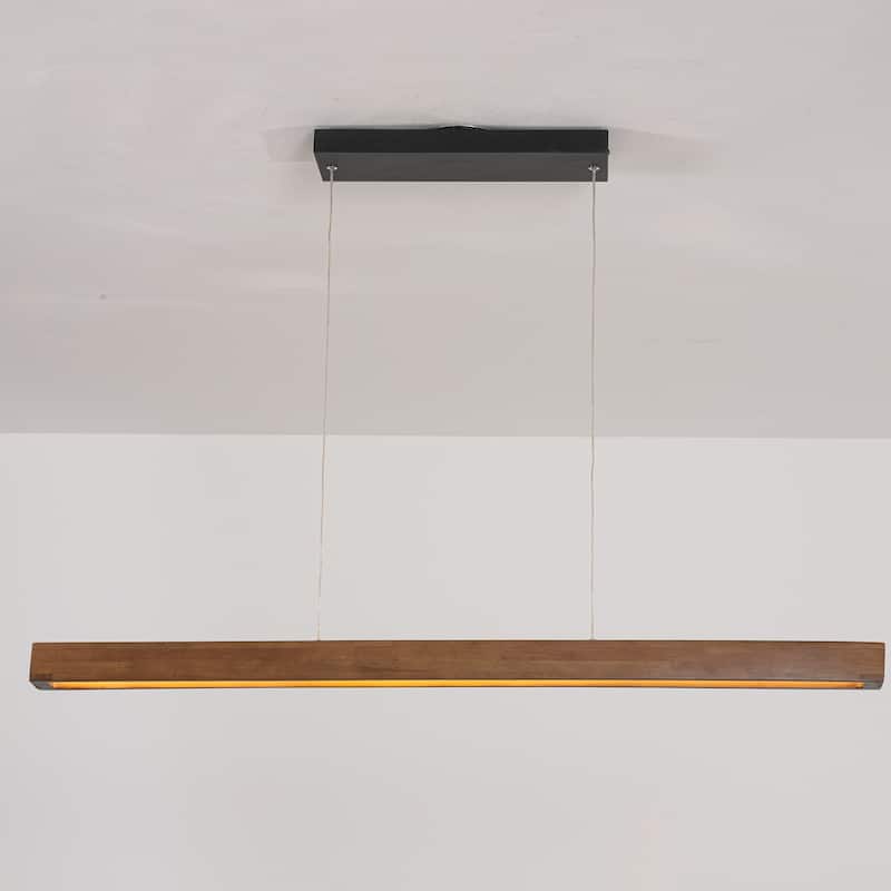 25-Watt Modern Brown Long Linear Walnut Wood Integrated LED Island Chandelier for Kitchen, Dining Room