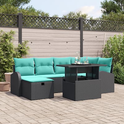 vidaXL 7 Piece Garden Sofa Set with Cushions Black Poly Rattan - 92.1×48.8×27.2