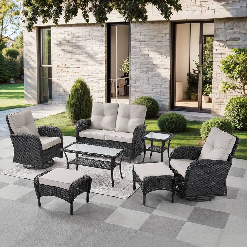 Pocassy 7 Pieces Glider Sofa with Swivel Chairs Ottomans Table - Black Wicker - Beige cushion