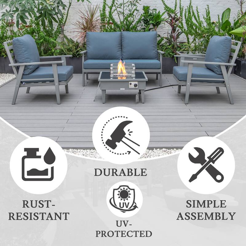 Walbrooke Modern 5-Piece Outdoor Aluminum Frame Patio Furniture Set with Propane Fire Pit Table