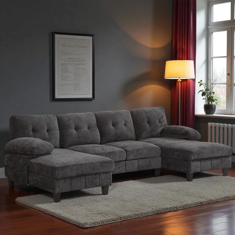 103.5" U-Shaped Sectional Sofa with Dual Chaise Lounges, Chenille Upholstery, Storage Pockets and Armrest Pillows