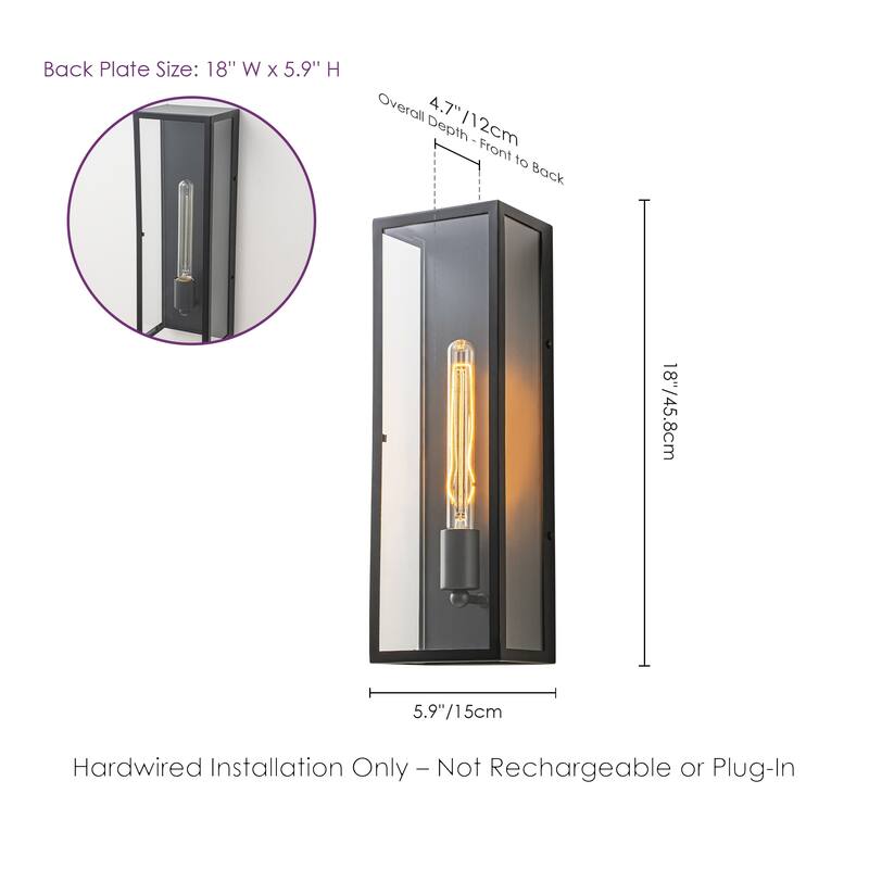 1-Light Matte Black Rectangular Iron & Glass IP44 Outdoor Wall Sconce for Patio - 1 Lighgt