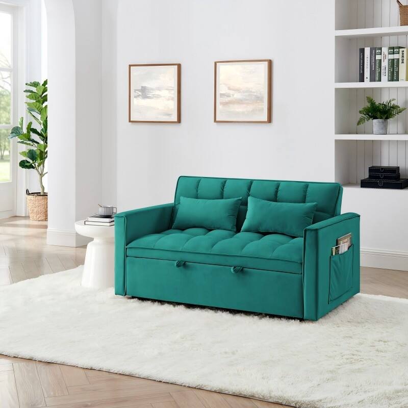 Velvet Foldable Sofa Bed, 3 In 1 Convertible Sofa Bed, Pull Out Couch Bed with Adjustable Backrest, Side Pockets & 2 Pillows