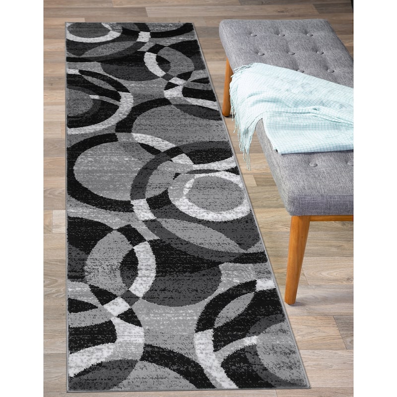 World Rug Gallery Geometric Circles Area Rug - 2' x 10' Runner - Gray