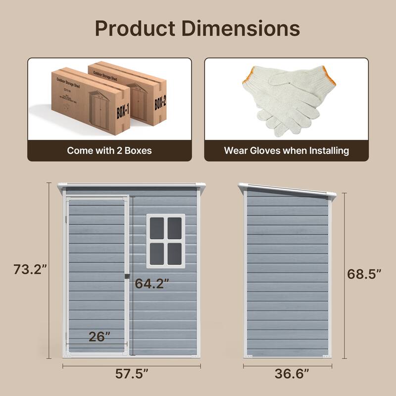 5x3 / 6x4 / 8x6 FT Outdoor Storage Shed with Floor, Resin Garden Tool Shed with Lockable Doors, Waterproof Plastic Storage Sheds
