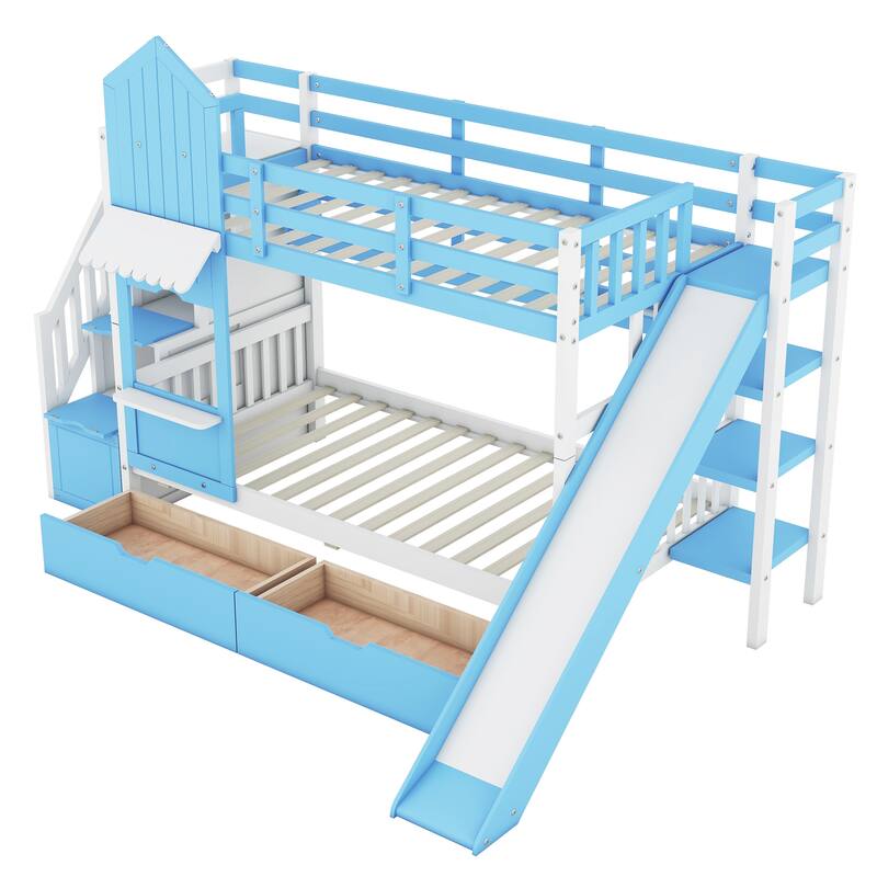 Twin-Over-Twin Castle Style Bunk Bed with 2 Drawers, 3 Shelves, and Slide - Blue