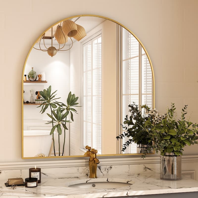 Bathroom Mirror Arch-Top Wall Mounted Decor Mirror - 32"x34" - Gold