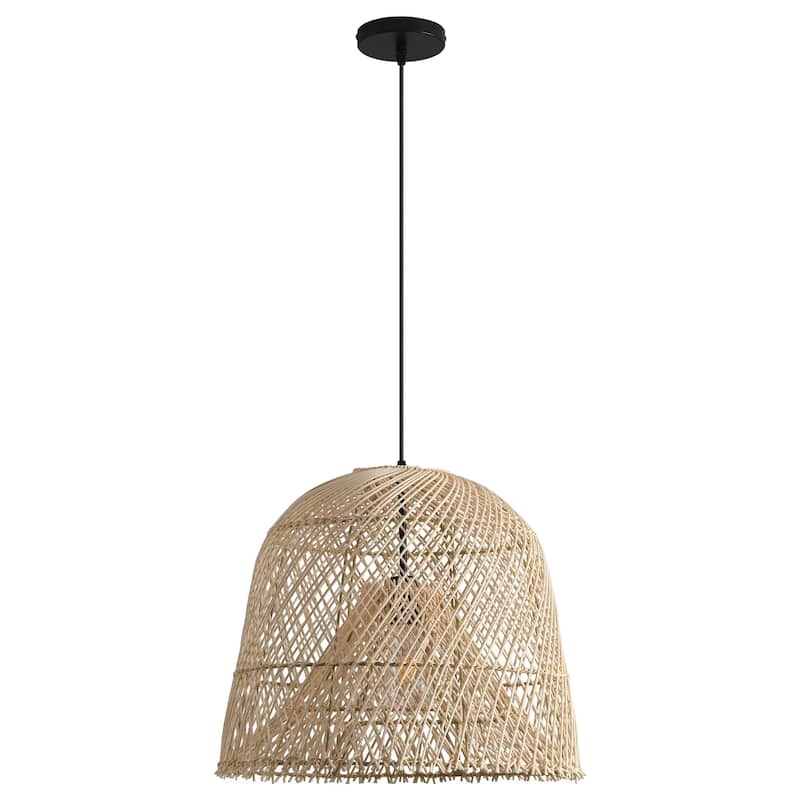 1-Light Coastal Retro Brown Rattan Hand-Woven Cloche Hanging Basket Pendant Light - 14.9" W x 59" H