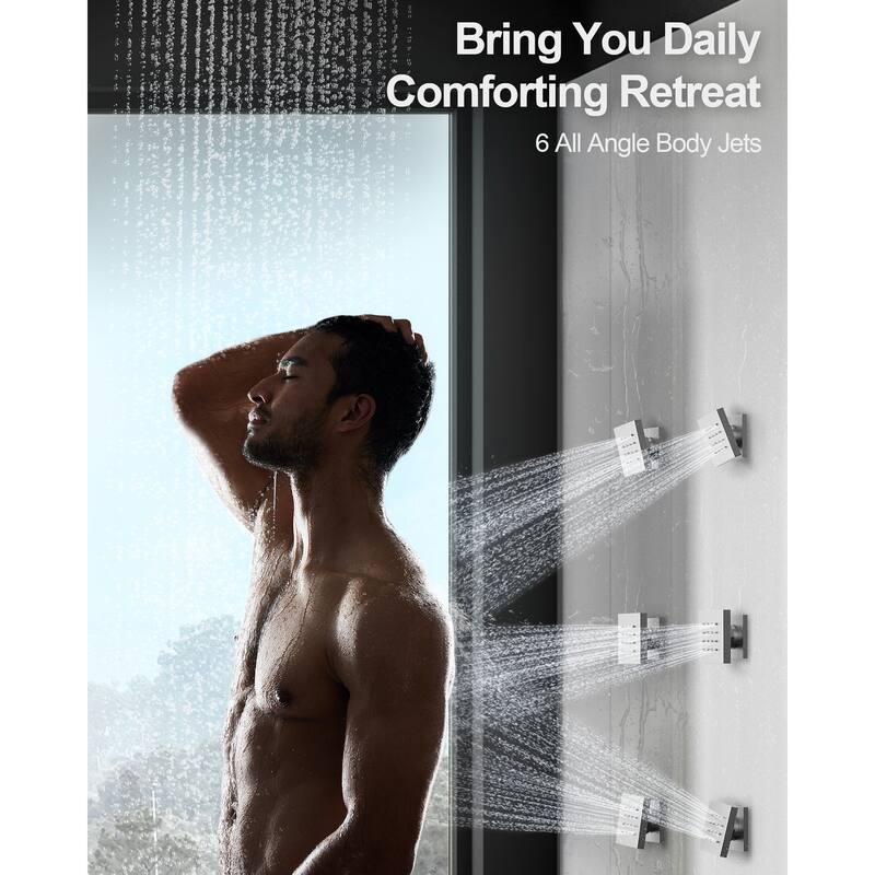GRANDJOY Shower Faucet System 16 inch Ceiling Mount Shower Head 3 Spray Modes Handheld Spray with Slide Bar LED Music
