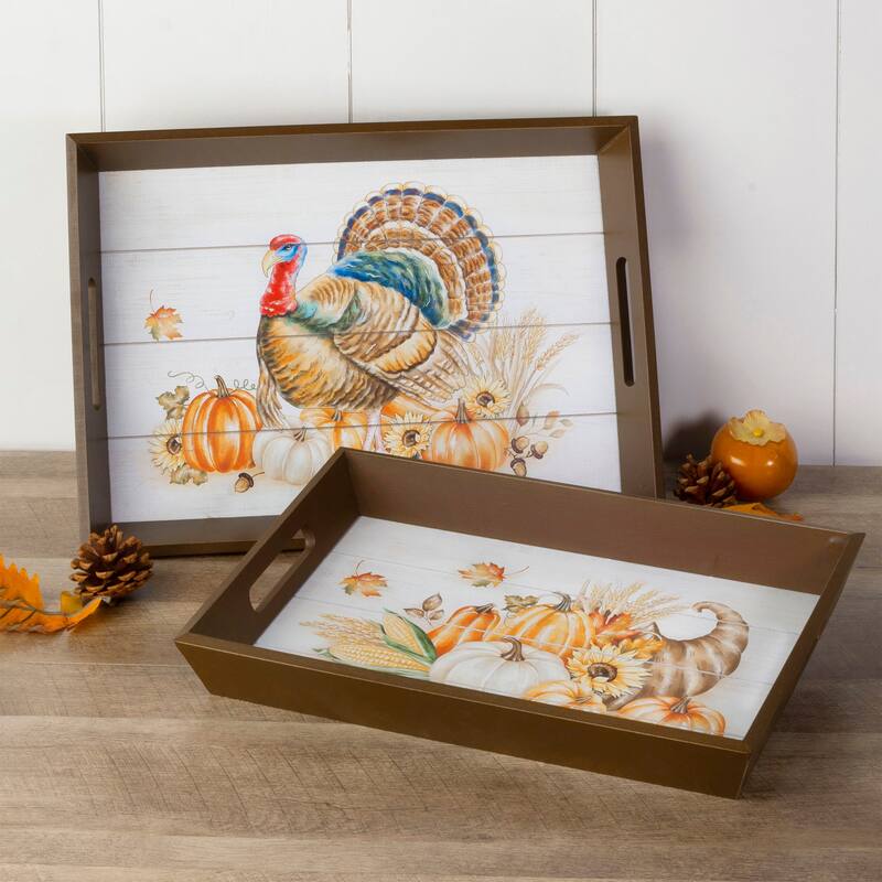 Glitzhome Set of 2 Thanksgiving Wooden Turkey Serving Tray
